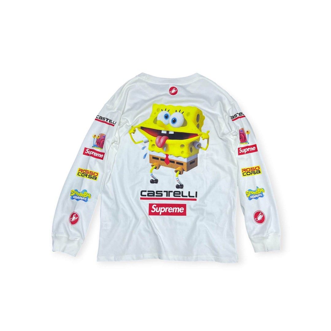 Castelli x Supreme Spongebob Long Sleeve Tee White (Category: Tshirts & Polo Shirts ) located in Las Pinas. Submitted by 2fly.margiela (Listing ID 1465958372, Image 2). Description: - Color: Crisp white - Design: Large Spongebob graphic on the back with a smaller version on the front chest - Branding: Supreme and Castelli logos on the chest, back, and sleeves - Details: Multiple sponsor logos printed along both sleeves, crew neckline, and ribbed 