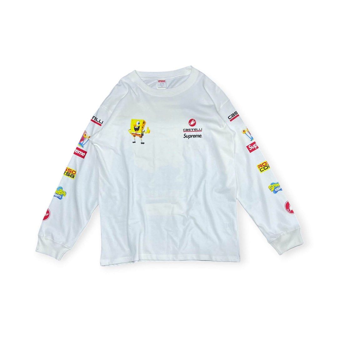Castelli x Supreme Spongebob Long Sleeve Tee White (Category: Tshirts & Polo Shirts ) located in Las Pinas. Submitted by 2fly.margiela (Listing ID 1465958372, Image 3). Description: - Color: Crisp white - Design: Large Spongebob graphic on the back with a smaller version on the front chest - Branding: Supreme and Castelli logos on the chest, back, and sleeves - Details: Multiple sponsor logos printed along both sleeves, crew neckline, and ribbed 