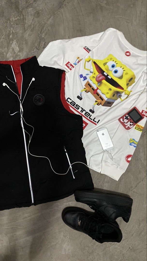Castelli x Supreme Spongebob Long Sleeve Tee White (Category: Tshirts & Polo Shirts ) located in Las Pinas. Submitted by 2fly.margiela (Listing ID 1465958372, Image 1). Description: - Color: Crisp white - Design: Large Spongebob graphic on the back with a smaller version on the front chest - Branding: Supreme and Castelli logos on the chest, back, and sleeves - Details: Multiple sponsor logos printed along both sleeves, crew neckline, and ribbed 