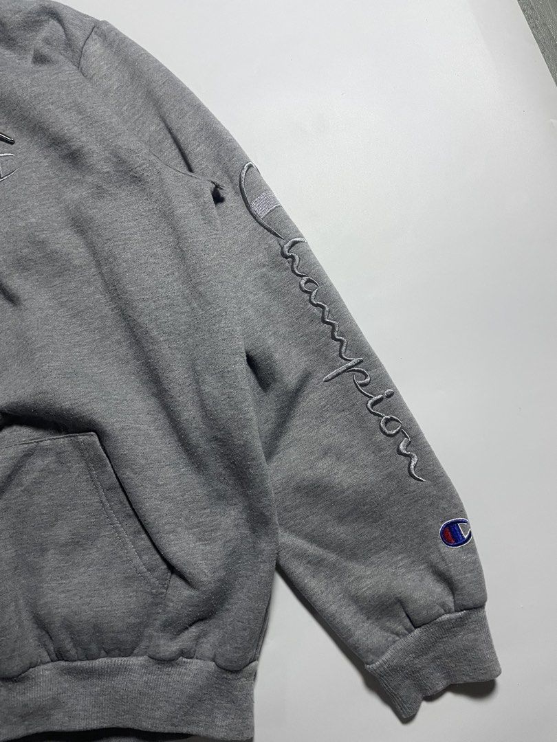 Champion sleeve script hoodie (Category: Hoodies) located in Bais. Submitted by christian.complexthrift08 (Listing ID 1466092914, Image 2). Description: Champion sleeve script hoodie (Embroidered script design) Color: Grey Size: Medium boxy fit Width: 23 inches Length: 25 inches Condition: 9 / 10 Issue: Loose stitch sa armpit Lints Price: 399 + SF Via JNT express.