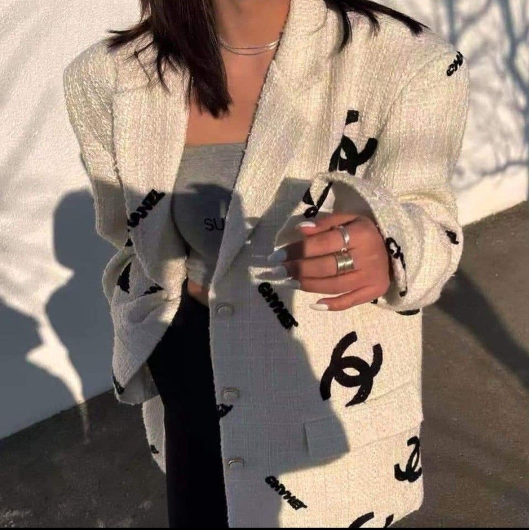 Chanel Tweed Print Oversized Blazer Jacket (Category: Coats, Jackets and Outerwear) located in Manila. Submitted by PrinceDani.Clothing (Listing ID 1466144991, Image 2). Description: chanel tweed aop blazer large to xl fit 21in width 29in length issue: minimal stain back part excellent condition .
