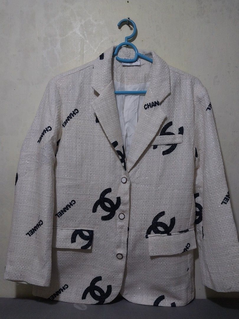 Chanel Tweed Print Oversized Blazer Jacket (Category: Coats, Jackets and Outerwear) located in Manila. Submitted by PrinceDani.Clothing (Listing ID 1466144991, Image 3). Description: chanel tweed aop blazer large to xl fit 21in width 29in length issue: minimal stain back part excellent condition .