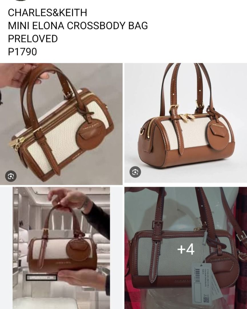 CHARLES & KEITH MINI ELONA CROSSBODY BAG (Category: Cross-body Bags) located in Manila. Submitted by katkween23 (Listing ID 1465985390, Image 1). Description: - Brand new with original retail tags attached - Brown and white canvas combination with a stylish cylindrical barrel shape - Dual top handles and a convenient adjustable shoulder strap - Secure dual top zip closure accented with sleek gold hardware - Includes a detachable round coin pouch 