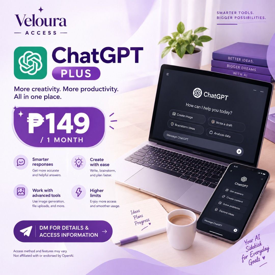 ChatGPT Plus 1 Month Subscription Veloura Access (Category: Software) located in Polanco. Submitted by jennyceleg75295 (Listing ID 1466102391, Image 1). Description: - Product: ChatGPT Plus 1-Month Access - Service: Veloura Access - Features: Smarter responses, image creation, file uploads, and higher usage limits - Delivery: Fast turnaround - How to order: Send us a DM for details and account access information.