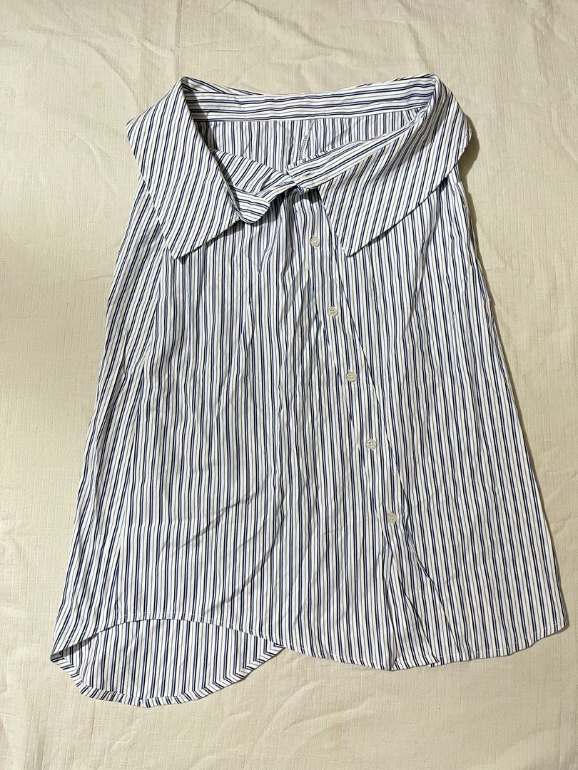Cider Striped Collar Button Up Skirt (Category: Skirts) located in Quezon City. Submitted by earthtodior (Listing ID 1466036273, Image 2). Description: - Brand: Cider - Style: Blue and white vertical striped button-up shirt - Design details: Unique foldover wide collar and asymmetric hemline - Condition: Brand new with tags (BNWT), never worn - Material: Lightweight, perfect for daily casual outfits or layering.