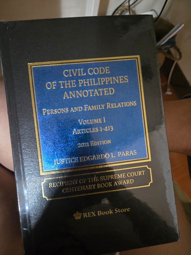 Civil Code of the Philippines Annotated Volume 1 2021 Edition (Category: Textbooks) located in Quezon City. Submitted by ashelly20 (Listing ID 1465989868, Image 1). Description: - Title: Civil Code of the Philippines Annotated, Volume 1: Persons and Family Relations - Edition: 2021 Edition - Author: Justice Edgardo L. Paras - Publisher: Rex Book Store - Cover: Black hardcover with blue and gold foil stamping - Condition Notes: Interior pages cont