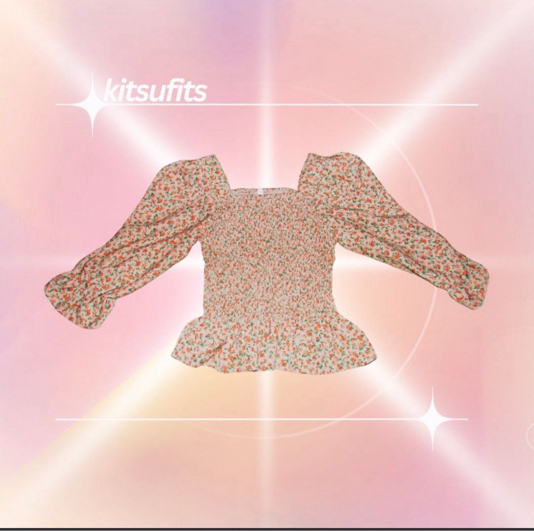Classic Floral Chiffon Korean Top (Category: Blouses) located in Rizal. Submitted by kitsufits (Listing ID 1466123356, Image 1). Description: 🍮 Design: Peach and orange floral print with square neckline 🍮 Fit: Full smocking through the body for a stretchy, flattering fit 🍮 Details: Long puff sleeves with gathered cuffs and a cute peplum hem 🍮 Styling: Pairs effortlessly with jeans or skirts.