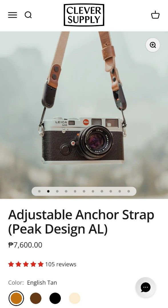 Clever Supply Co. Adjustable Camera Strap (Peak Design) English Tan Leather (Category: Camera Bags & Carriers) located in Manila. Submitted by wekapipo (Listing ID 1465965580, Image 2). Description: - Brand: Clever Supply Co - Color: English Tan - System: Peak Design anchor links for quick attachment - Inclusions: Adjustable leather strap, 2 red/black anchor links, and original cloth dust bag - Materials: High-quality leather with sturdy black ha