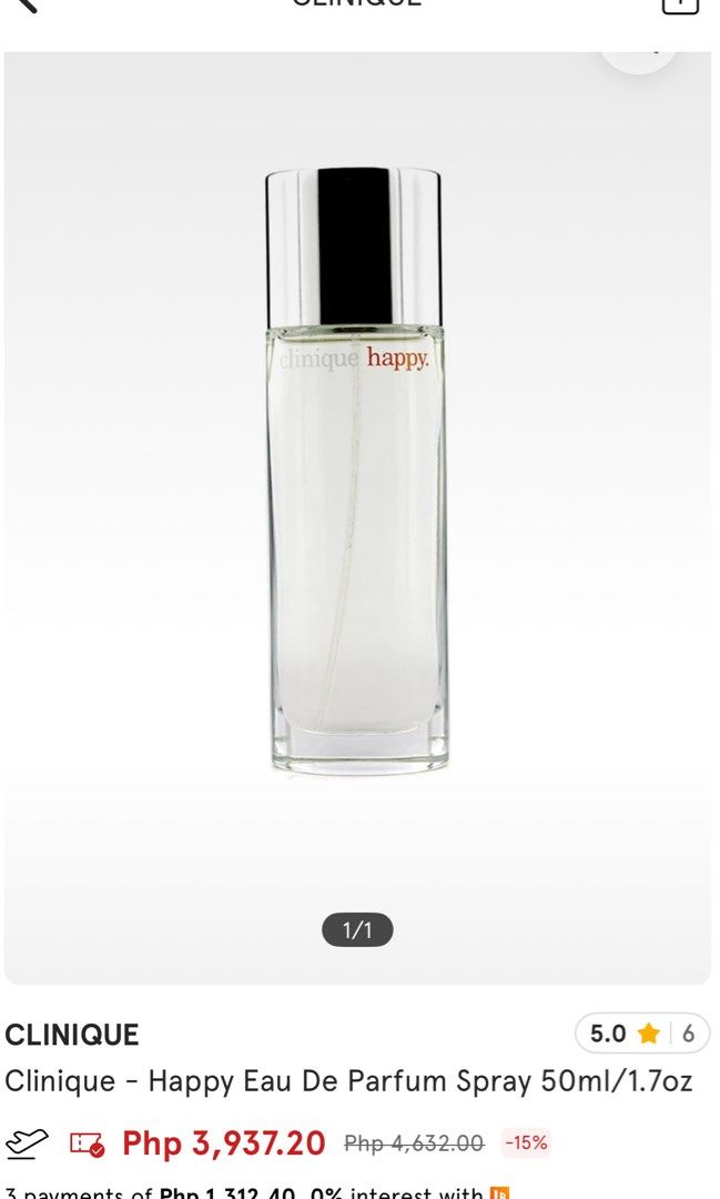 Clinique Happy Eau De Parfum Spray 50ml (Category: Fragrance & Deodorants) located in Zamboanga. Submitted by danicaoi (Listing ID 1466154576, Image 1). Description: Selling below SRP‼️ Purchased in London - Size: 50ml / 1.7oz - Made in Switzerland Brand new / authentic with plastic film/wrap srp in PH is 3.9k-4k++ see photo Rfs: i bought two, this is an extra Negotiable for sure buyers.