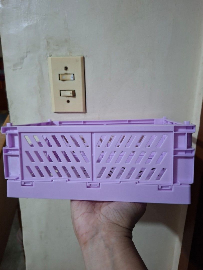 Collapsible Plastic Storage Baskets and Compartment Organizer (Category: Storage Boxes & Baskets) located in San Pablo. Submitted by momsy_ (Listing ID 1466067441, Image 2). Description: - Bundle of 4 plastic storage items for a tidy space - 2 collapsible crates in purple and pink with side handles and ventilation slots - 2 clear plastic organizers: 1 long container with dividers and 1 shallow tray - Versatile use: ideal for desk setups, makeup, 