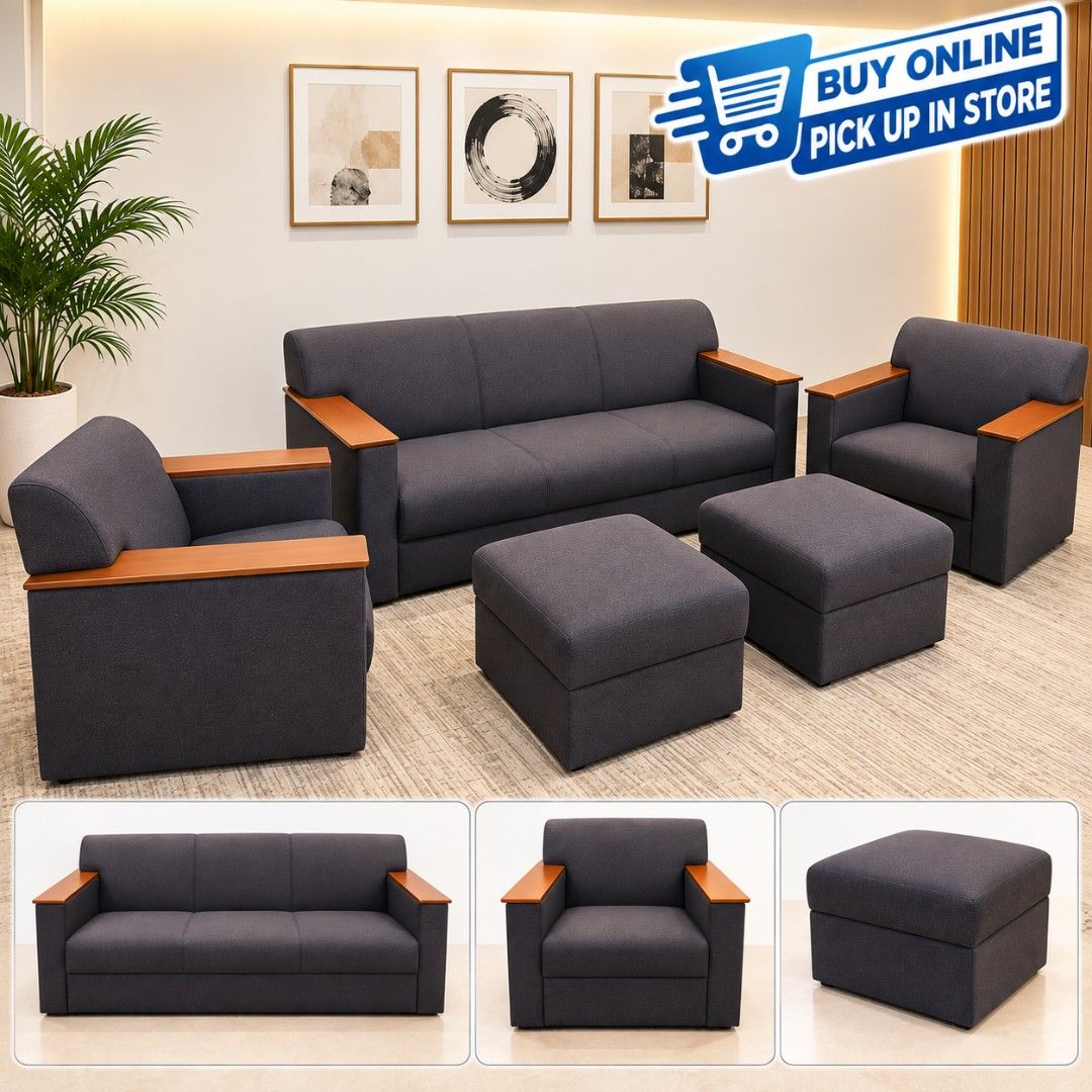Complete dark grey fabric sofa set with wooden armrests (Category: Sofas) located in Quezon City. Submitted by kevinmacabata12997160 (Listing ID 1465956283, Image 1). Description: - Matching living room set: 3-seater sofa, 2 armchairs, and 2 matching footstools - Stylish dark grey fabric upholstery with solid wooden armrest accents - Comfortable cushioning throughout for maximum relaxation - Ideal for spacious living rooms, lounges, or profession