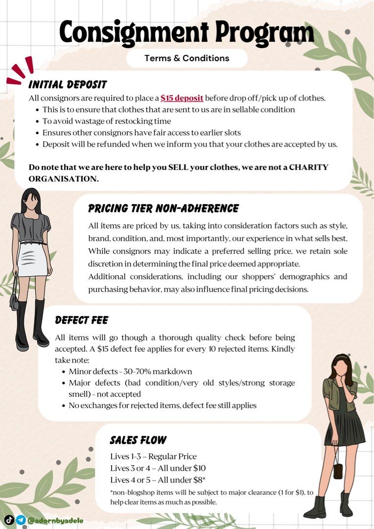 Consignment Program (Category: Announcements) located in Singapore. Submitted by adornbyadele (Listing ID 1389400167, Image 4). Description: Reach out for consignment opportunities with me, I sell clothes on tt live (4-5 lives per consignor) 😚 Accepting both blogshop and non-blogshop items, preloved or brand new 🌻 I can help you clear your closet effortlessly and you earn 50% comms, no need to list your items one by one or lug them to flea mark
