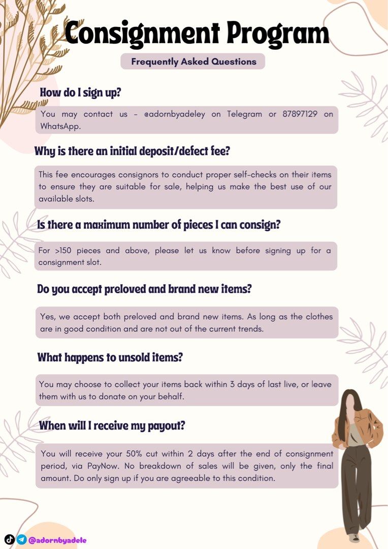 Consignment Program (Category: Announcements) located in Singapore. Submitted by adornbyadele (Listing ID 1389400167, Image 5). Description: Reach out for consignment opportunities with me, I sell clothes on tt live (4-5 lives per consignor) 😚 Accepting both blogshop and non-blogshop items, preloved or brand new 🌻 I can help you clear your closet effortlessly and you earn 50% comms, no need to list your items one by one or lug them to flea mark