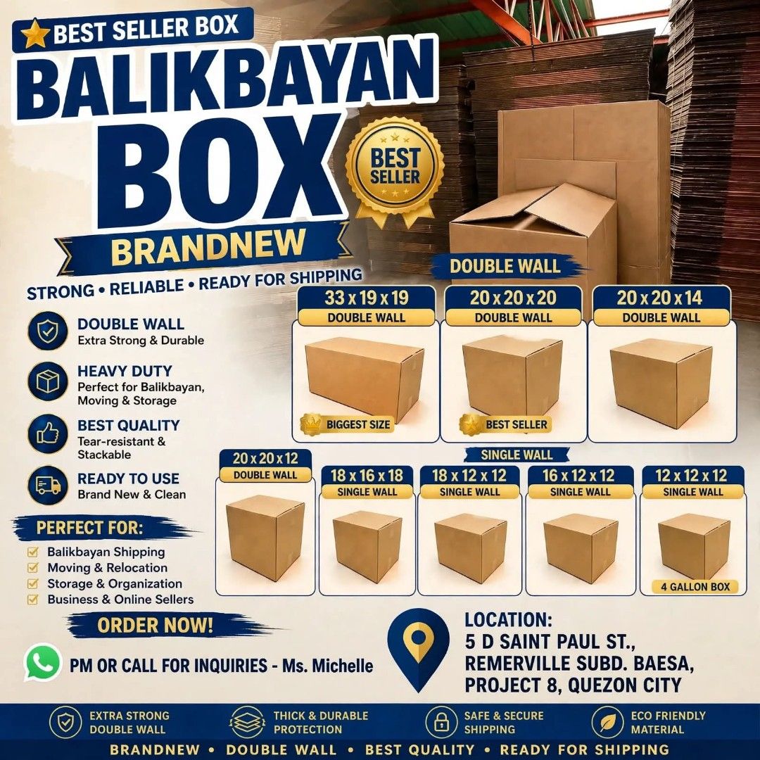 Corrugated Boxes (Category: Looking For) located in Manila. Submitted by michelle1095 (Listing ID 1466090310, Image 1). Description: 📢‼️Balikbayan Box Brand New - Double Wall & Single Wall - All Sizes Available - 33x19x19 Biggest Size BEST SELLER BOX - BRAND NEW! STRONG • RELIABLE • READY FOR SHIPPING! ON HAND! BULK STOCKS AVAILABLE! Brand New, *📦 DOUBLE WALL (Extra Strong & Durable):* ✔️ 33 x 19 x 19 - BIGGEST SIZE - Best for Balikbayan ✔️ 20 