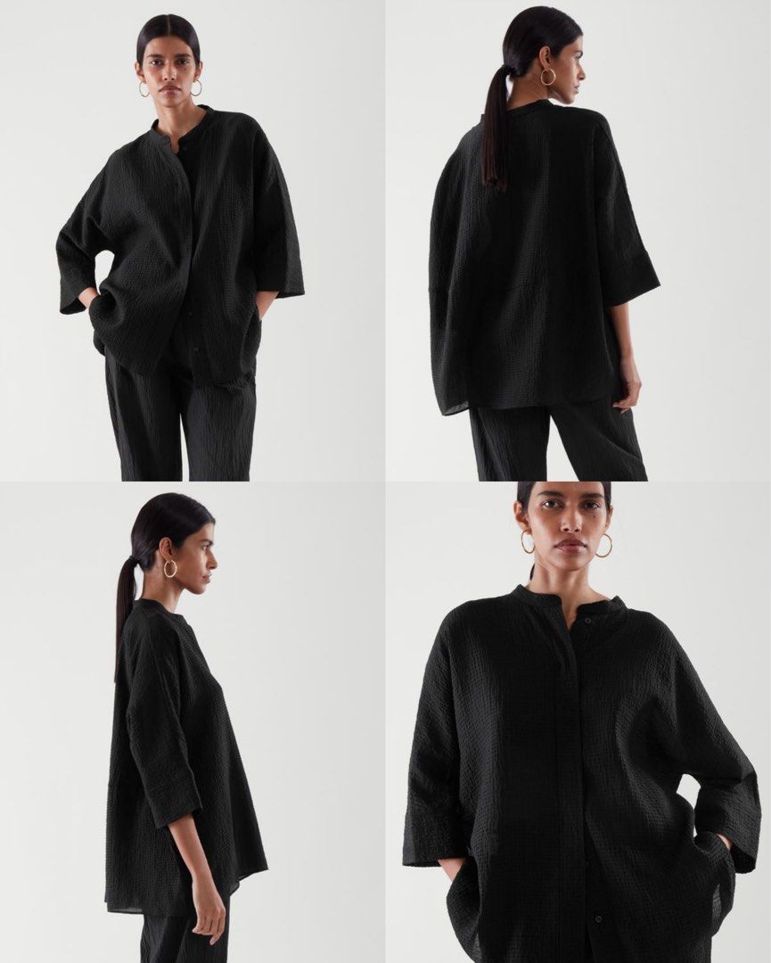 COS oversized black Linen Top (Category: Blouses) located in Manila. Submitted by morningthrifters (Listing ID 1466101521, Image 1). Description: This COS Collarless Seersucker Shirt is a minimalist, oversized top designed for comfort and effortless style. Xs on tag but can actually fits Large frame • Fabric & Texture: Crafted from a lightweight crinkled seersucker fabric that gives it a distinct puckered texture and a relaxed, breezy drape. • Co