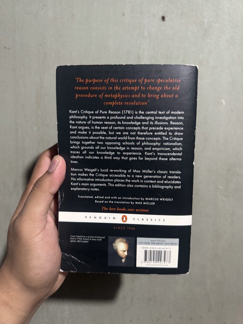 Critique of Pure Reason (Category: Storybooks) located in Manila. Submitted by mattmurdock98 (Listing ID 1466085447, Image 2). Description: For Sale: Critique of Pure Reason by Immanuel Kant Penguin Classics Condition: Fair (has pencil writings) Price: Php 500.00 Location: San Andres Street, Malate, Manila Mode of Payment: BDO Bank Transfer.