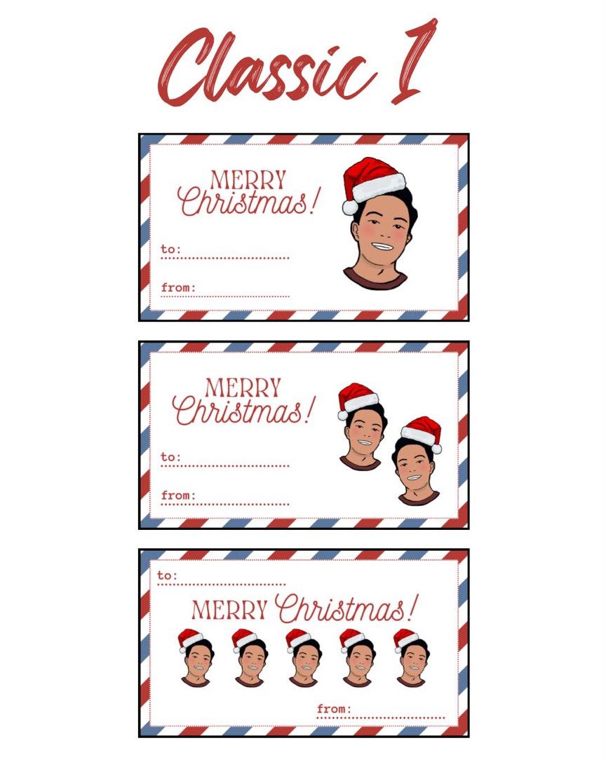 Custom Vector Art / Christmas Gift Tags / Christmas Cards (Category: Art & Prints) located in Caloocan City. Submitted by _syddd (Listing ID 1466014389, Image 3). Description: Price - depending on the order - Customized Christmas gift tags featuring personalized vector art faces with Santa hats - Multiple themes available: Classic 1, Classic 2, Minimalist, Star, Flower, Ribbon - Available formats: Soft copies or printed sets - Printed set options