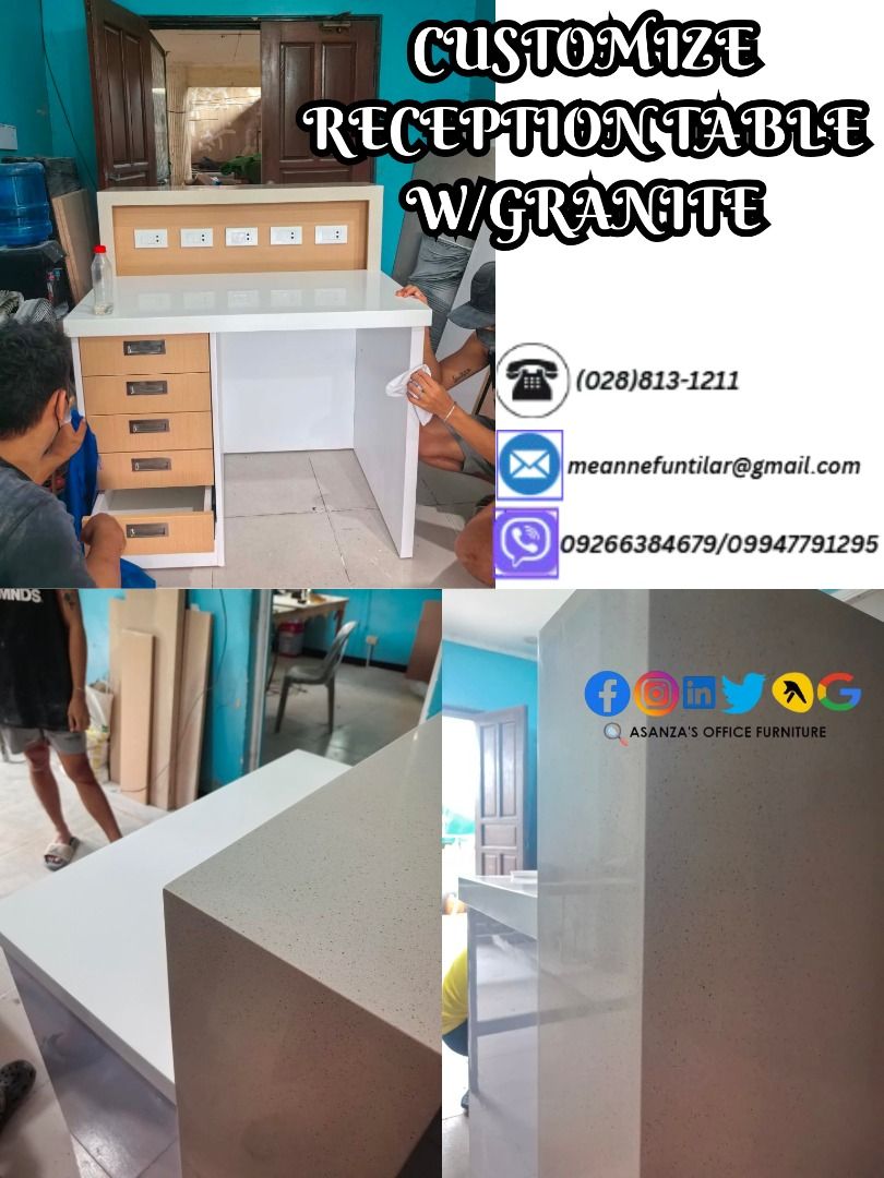 CUSTOMIZE RECEPTION/COUNTER TABLE (Category: Other Home Furniture) located in Caloocan City. Submitted by meannefunt41572 (Listing ID 1466027675, Image 3). Description: FOR POSTING PURPOSES, KINDLY DIRECT MESSAGE ME IN THE ATTACHED NUMBER ON THE PHOTOS TO KNOW THE REAL PRICE . 🔥 2026 FACTORY SALE -BIG DISCOUNTS! 🔥 ✅ Perfect for home , offices , schools , and businesses 🌟🌟🌟🌟🌟 💼 Our Range of Products: 💥Armchairs 💥Desks and Tables 💥Chairs