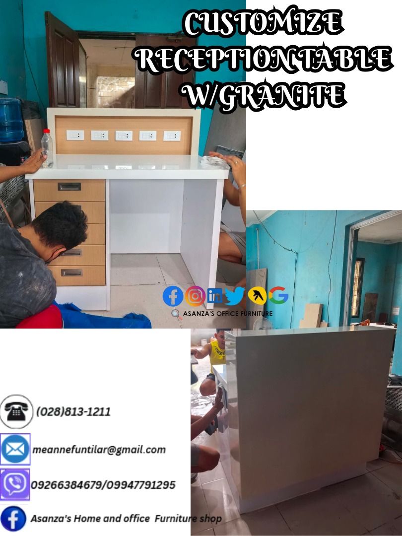 CUSTOMIZE RECEPTION/COUNTER TABLE (Category: Other Home Furniture) located in Caloocan City. Submitted by meannefunt41572 (Listing ID 1466027675, Image 2). Description: FOR POSTING PURPOSES, KINDLY DIRECT MESSAGE ME IN THE ATTACHED NUMBER ON THE PHOTOS TO KNOW THE REAL PRICE . 🔥 2026 FACTORY SALE -BIG DISCOUNTS! 🔥 ✅ Perfect for home , offices , schools , and businesses 🌟🌟🌟🌟🌟 💼 Our Range of Products: 💥Armchairs 💥Desks and Tables 💥Chairs