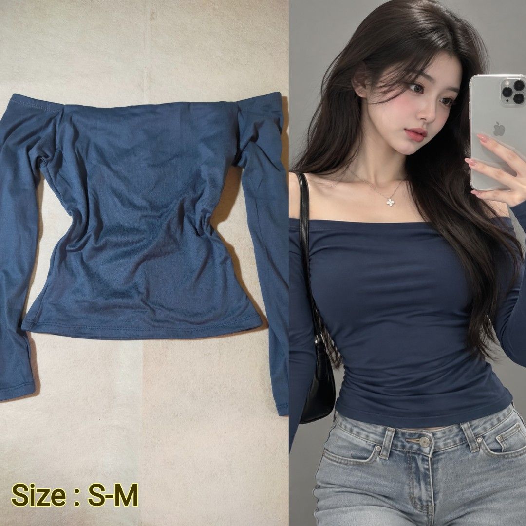 Dark Blue Off-Shoulder Long Sleeve Top S-M (Category: Longsleeves) located in Santo Tomas. Submitted by zenzenzennaya (Listing ID 1466059801, Image 1). Description: - Color: Dark blue - Style: Off-shoulder with long sleeves, fitted cut - Material: Soft stretch jersey - Size: Fits S to M - Condition: Worn once, spotless/like new - Pairing: Looks great with high-waisted jeans.