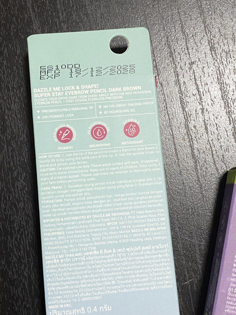 Dazzle Me Eyebrow Pencil and Eyeshadow (Category: Makeup) located in Manila. Submitted by happyoldyear_ (Listing ID 1465966992, Image 3). Description: TAKE BOTH - super stay eyebrow pencil in brown, cosmic eyes eyeshadow palette unopened expiry 2028.