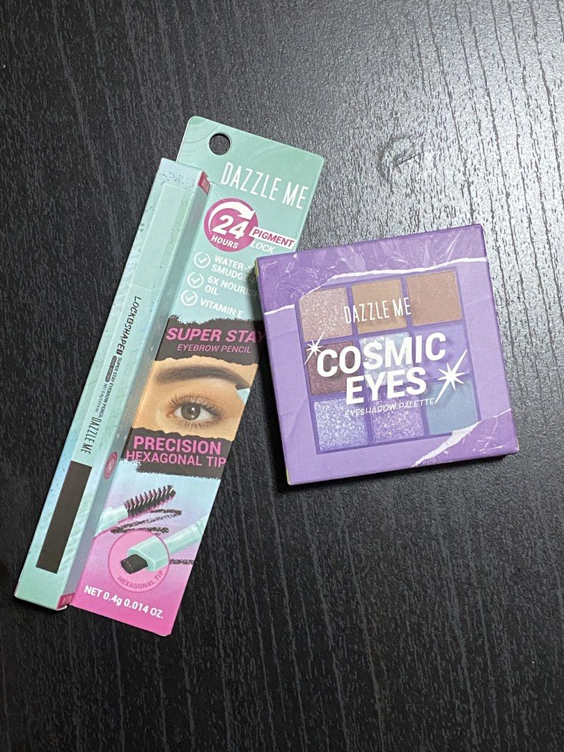 Dazzle Me Eyebrow Pencil and Eyeshadow (Category: Makeup) located in Manila. Submitted by happyoldyear_ (Listing ID 1465966992, Image 1). Description: TAKE BOTH - super stay eyebrow pencil in brown, cosmic eyes eyeshadow palette unopened expiry 2028.