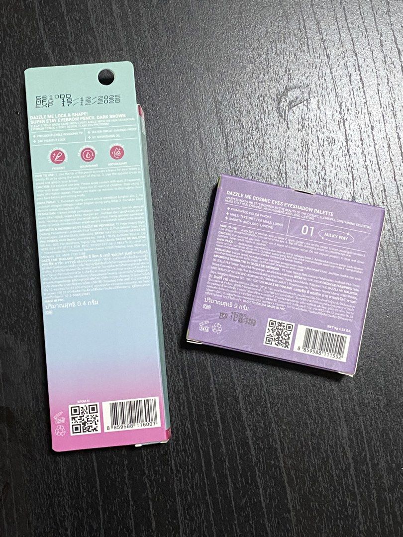 Dazzle Me Eyebrow Pencil and Eyeshadow (Category: Makeup) located in Manila. Submitted by happyoldyear_ (Listing ID 1465966992, Image 2). Description: TAKE BOTH - super stay eyebrow pencil in brown, cosmic eyes eyeshadow palette unopened expiry 2028.
