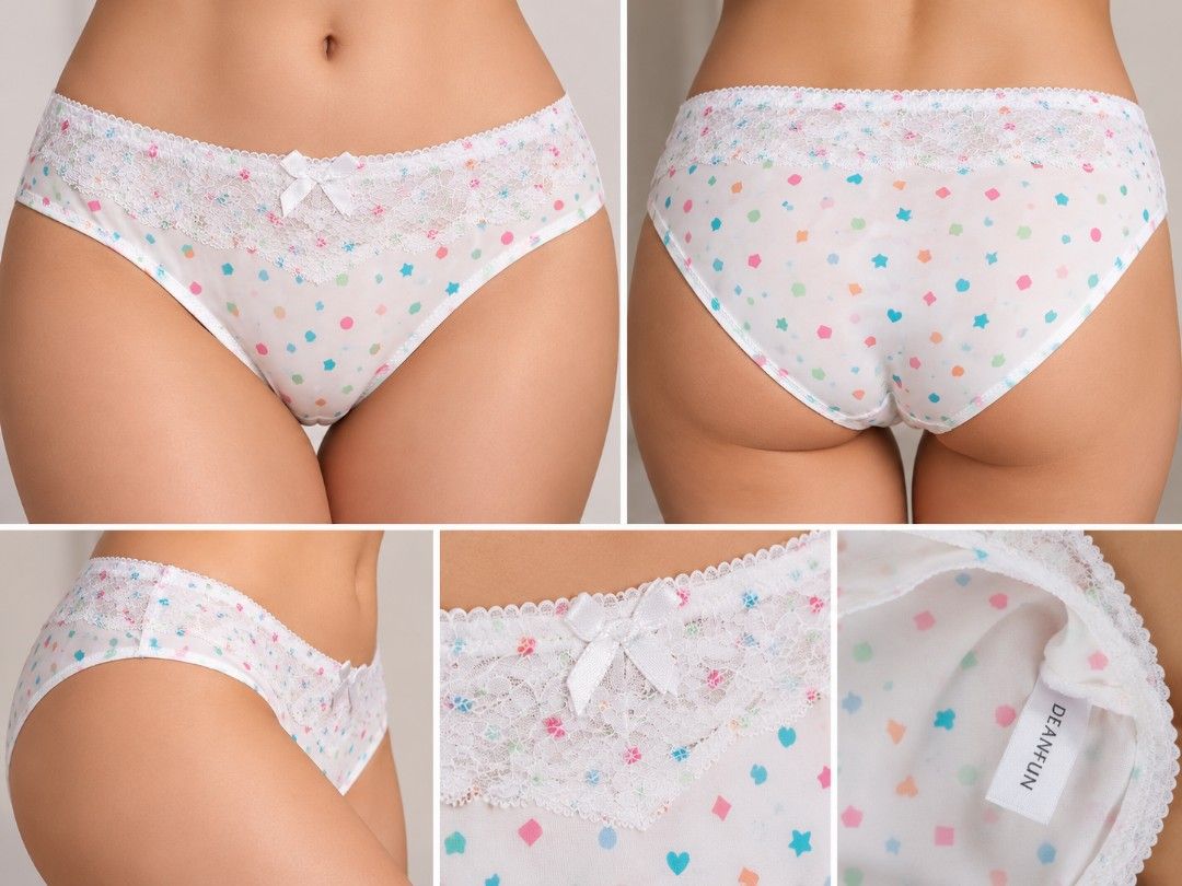 DEAN-FUN White Patterned Panties with Lace Detail (Category: Undergarments & Loungewear) located in Rizal. Submitted by etcthings (Listing ID 1466153589, Image 1). Description: White panties with colorful geometric shapes like hearts, stars, squares, and circles printed all over. Soft white lace panel across the top band. Small white bow centered at the front waistband. Smooth fabric with clean white stitching throughout. Tag reads DEAN-FUN on th