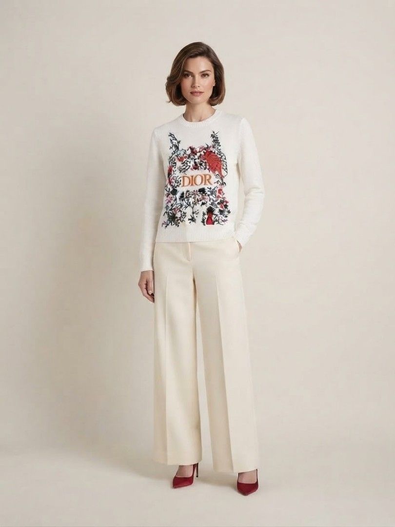 DIOR Embroidered Tiger Sweater (Category: Longsleeves) located in Iba. Submitted by selector_items (Listing ID 1466084752, Image 2). Description: *This is the DIOR Embroidered Tiger Sweater - the white one with parrot / tiger jungle.* all the tags complete: - *Model:* 124S61AM766 - this is Dior's 2022-2024 collection code for the Toile de Jouy / Tiger embroidered knit - *Size:* FR 38 / US 6 / GB 10 / IT 42 - *fits Small to Medium for women* - *Fa
