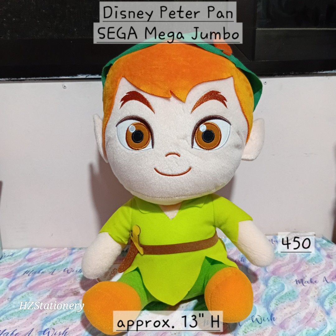 Disney SEGA Peter pan Mega Jumbo Plush (Category: Plushies & Soft Toys) located in Manila. Submitted by hzdeclutterstuffscollectionsph (Listing ID 1439494344, Image 1). Description: 🔴please send 📩 on my blue app HZ STATIONERY due to reply limit ni caro ✅Peterpan w/ etiketa & Papertag SEGA ✅size: approx. 13"tall ‼️PLEASE READ👇‼️ ⚠️items are SOLD AS IS. ❕WYSIWYG ⚠️Limit your expectations, items are from HK/Japan box (some are brand new/unused /w