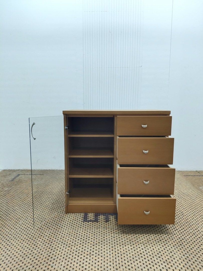 Display cabinet (Category: Shelves, Cabinets & Racks) located in Quezon City. Submitted by matetdevis13 (Listing ID 1465955240, Image 2). Description: Wooden 4-Drawer Display Cabinet with Glass Door & Shelves Price: 4,900 L33 x W18 x H34 In good condition Code MJS20-RP11.
