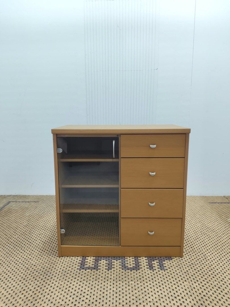 Display cabinet (Category: Shelves, Cabinets & Racks) located in Quezon City. Submitted by matetdevis13 (Listing ID 1465955240, Image 1). Description: Wooden 4-Drawer Display Cabinet with Glass Door & Shelves Price: 4,900 L33 x W18 x H34 In good condition Code MJS20-RP11.