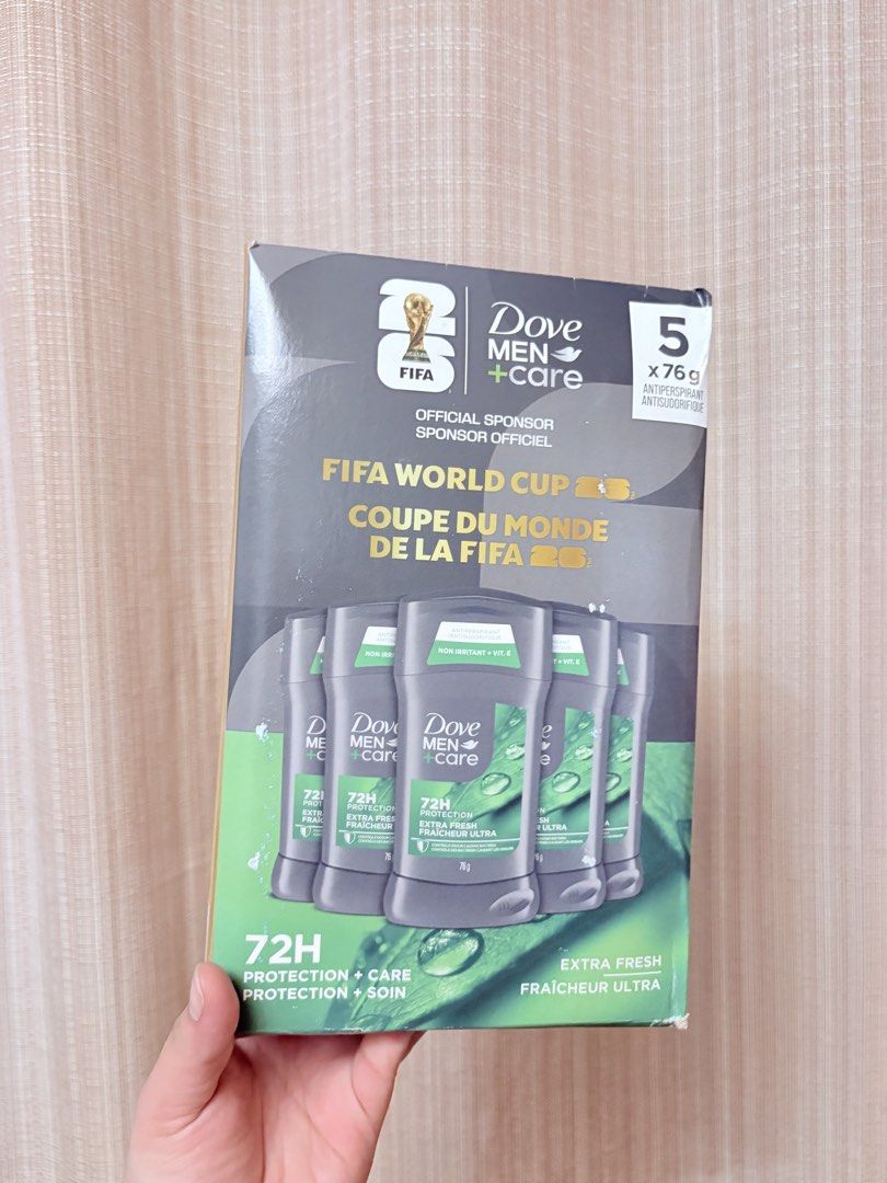 Dove Men+Care Extra Fresh Antiperspirant 5-Pack (Category: Body Care) located in Silang. Submitted by collectionbyrk (Listing ID 1466013498, Image 1). Description: - Product: Dove Men+Care Extra Fresh Antiperspirant - Value Pack: Includes 5 sticks (76g each) - Special Edition: FIFA World Cup official sponsor packaging - Performance: 72-hour sweat and odor protection formula - Skin Care: Infused with vitamin E - Condition: Brand new, sealed in ori