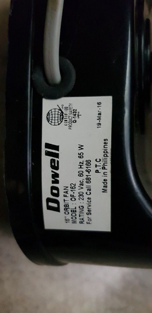Dowell 16" Orbit Fan Model OF-162 (Category: Fans) located in Makati City. Submitted by walangtubo (Listing ID 1465981479, Image 3). Description: - Brand/Model: Dowell 16-inch Orbit Fan (OF-162) - Color: Sleek black body with grey blades and safety grill - Power: 230V, 60Hz, 65W (Made in the Philippines) - Type: Ceiling-mount style, ideal for homes, offices, or shops - Inclusions: Comes with a separate wall speed regulator knob in plastic wrap - 