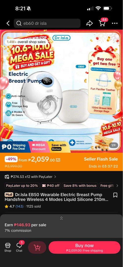 Dr. Isla EB50 Wearable Electric Breast Pump (Category: Breastfeeding & Bottle Feeding) located in Bulacan. Submitted by xtinegorggg (Listing ID 1466083336, Image 2). Description: Never been used Color pink Selling price 1,500 Good for newmom Rfs: decluttering.