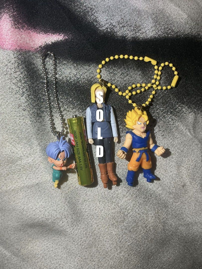 Dragon Ball Z Goku, Android 18, Trunks Keychain Charms (Category: Character Goods) located in Marikina City. Submitted by raikee (Listing ID 1455379167, Image 3). Description: Dragon Ball Z keychain set! Includes Goku, Android 18, and Trunks. Perfect for DBZ fans. Comes with yellow beaded and silver metal chains. Only trunks have markings MOP: Gcash,Maya or GoTyme MOD: JnT or Lalamove (SF/DF shouldered by.