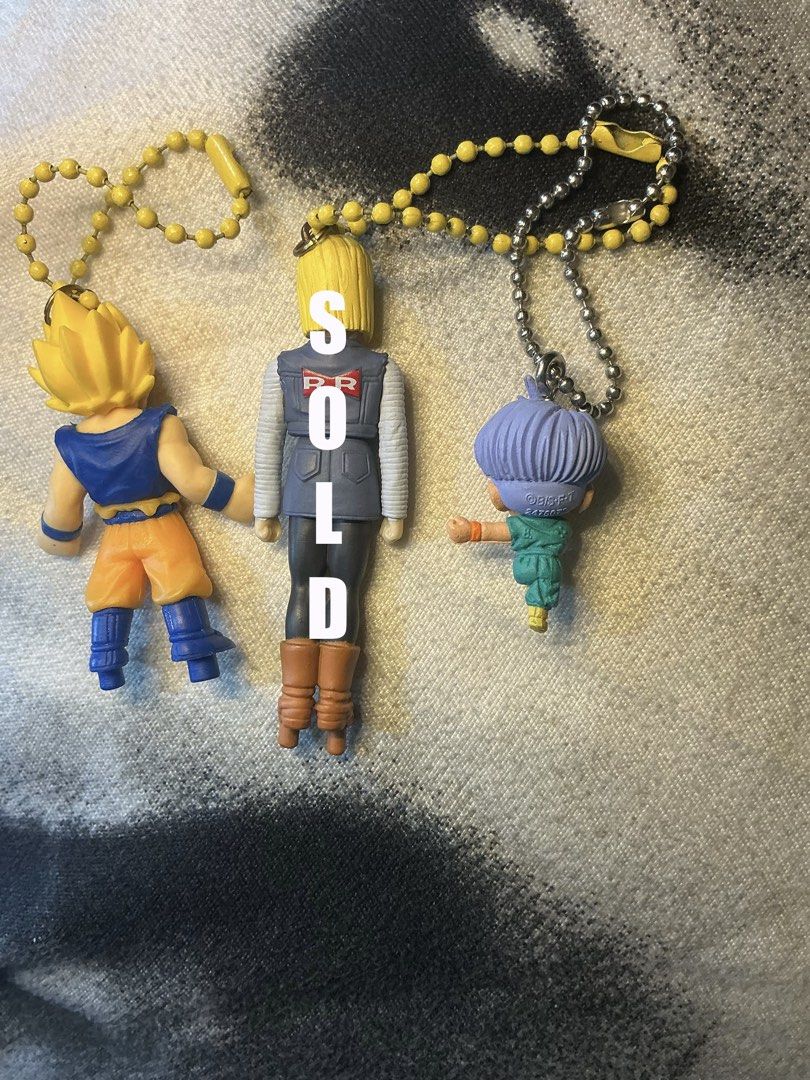 Dragon Ball Z Goku, Android 18, Trunks Keychain Charms (Category: Character Goods) located in Marikina City. Submitted by raikee (Listing ID 1455379167, Image 2). Description: Dragon Ball Z keychain set! Includes Goku, Android 18, and Trunks. Perfect for DBZ fans. Comes with yellow beaded and silver metal chains. Only trunks have markings MOP: Gcash,Maya or GoTyme MOD: JnT or Lalamove (SF/DF shouldered by.