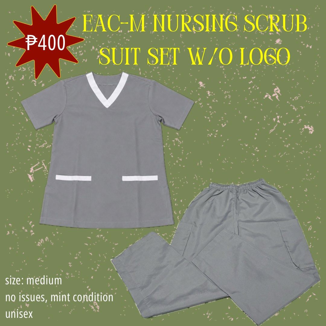 EAC-M Nursing Scrub Suit Set (Category: Sets or Coordinates) located in Pasig City. Submitted by amrtn (Listing ID 1465960592, Image 2). Description: - Size: Medium (Unisex) - Option: Available with or without EAC logo patch - for: EAC-M Nursing students.