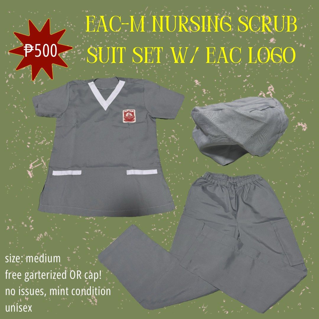 EAC-M Nursing Scrub Suit Set (Category: Sets or Coordinates) located in Pasig City. Submitted by amrtn (Listing ID 1465960592, Image 1). Description: - Size: Medium (Unisex) - Option: Available with or without EAC logo patch - for: EAC-M Nursing students.