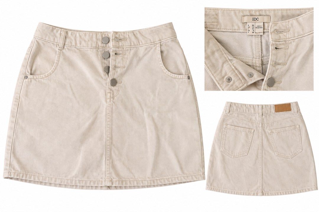 EDC Denim Mini Skirt Beige Size 36 (Category: Skirts) located in Cavite. Submitted by getmyclutter (Listing ID 1466020014, Image 1). Description: - Brand: EDC - Style: Denim mini skirt - Color: Beige - Closure: Button-up front with metallic buttons - Pockets: Front pockets and back patch pockets - Details: Waist belt loops ———————— ✨ SALE! SALE! SALE! ✨ 🛍️ Orange App Checkout Available! 💸 GCash & Bank Transfer Accepted 📌 Please Note: • All ite