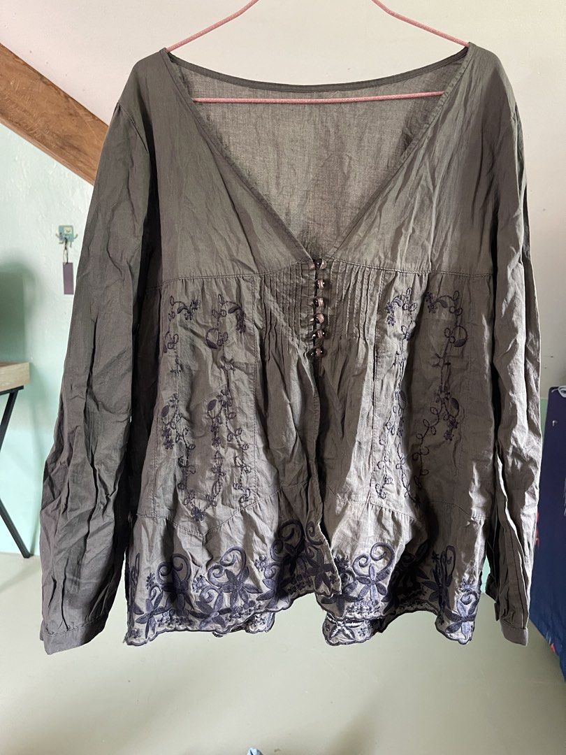 embroidered long sleeve V-neck blouse (Category: Longsleeves) located in Baybay. Submitted by shikita27906 (Listing ID 1466036508, Image 2). Description: - Color: Olive green - Style: Long sleeve blouse with deep V-neckline - Details: Dark floral embroidery, small button placket, and pleated details below the chest - Fit: Relaxed fit, lightweight material - Can fit M-L.