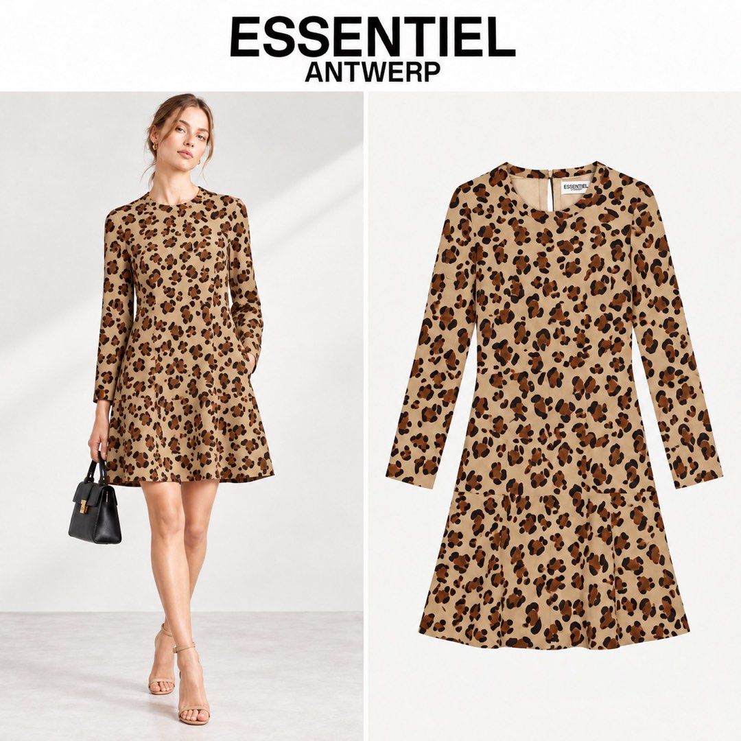Essentiel Antwerp Leopard Print Mini Dress (Category: Dresses) located in Amlan (Ayuquitan). Submitted by pringpring (Listing ID 1466125552, Image 1). Description: - Brand: Essentiel Antwerp - Style: Mini dress with drop-waist pleated skirt - Print: Brown leopard - Size: 36 (fits S) - Features: Long sleeves, round neckline, and convenient side pockets - Closure: Back keyhole with button - Material: 100% polyester outer with comfortable viscose li