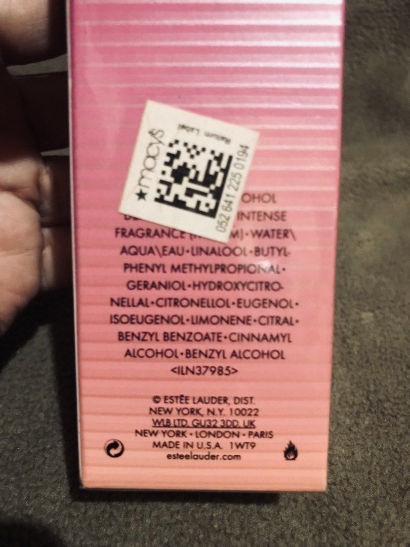 Estee Lauder Pleasures Intense Eau de Parfum Spray 50ml (Category: Fragrance & Deodorants) located in Calamba. Submitted by iamjoyie22 (Listing ID 1466143392, Image 3). Description: - Brand: EstÃ©e Lauder - Product: Pleasures Intense Eau de Parfum - Size: 1.7 fl. oz. / 50 ml - Condition: Brand new, still wrapped in clear plastic (Factory Sealed) - Packaging: Pink striped box with original Macy's return label on the back and barcode on the bottom 