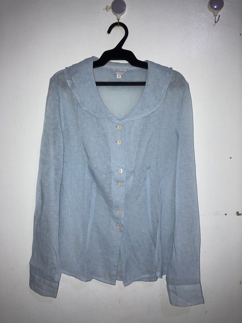 ETAM light blue patterned long-sleeve button-down blouse (Category: Longsleeves) located in Daraga. Submitted by nanasnonsense (Listing ID 1466121802, Image 2). Description: Medium on tag but can fit small to medium body frame PROMO! BUY 9 FOR 500 + GET 1 FREE - applicable for PHP 79 tops and/or dresses from my listings - choose free item from free pile Items are all preloved or thrifted so please manage your expectations. Thank you!.