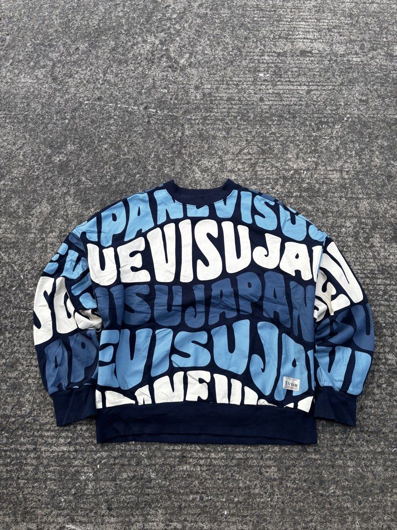EVISU FW22 AOP Wave Pattern Letter Print Pullover Sweatshirt (Category: Coats, Jackets and Outerwear) located in Caloocan City. Submitted by neweagle-424b (Listing ID 1466105323, Image 1). Description: Dimes : W 26 x 26 L boxy type excellent condition ✅ novaliches qc metro manila dm not thrifted gift to japan made .