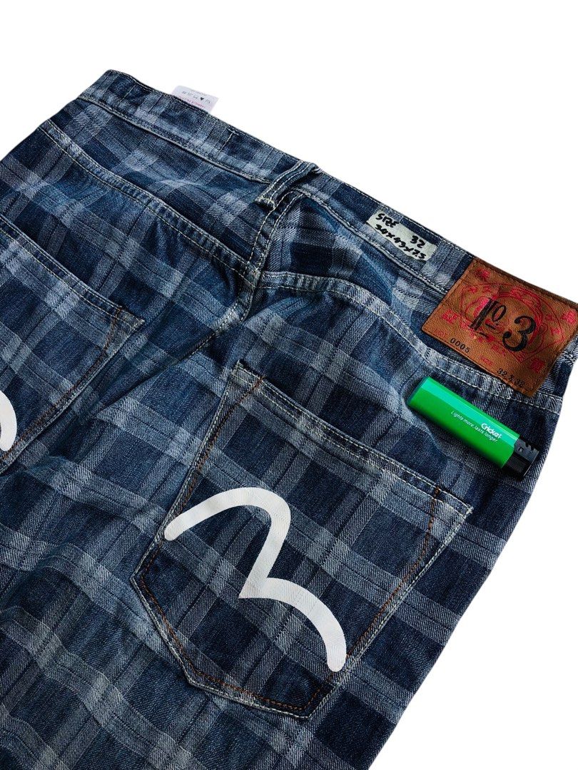 Evisu Seagull Checkered denim pants (Category: Jeans) located in Angeles City. Submitted by wwdrip (Listing ID 1466013345, Image 3). Description: EVISU SEAGULL CHECKERED DENIM PANTS♻️ waist : 32-34 length : 43 leg open : 7.5 color rate : 9.5/10 | excellent issue : no issue | check details ₱1,200.