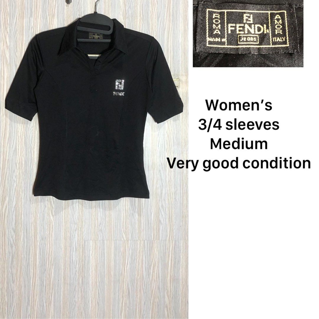 Fendi Jeans Black Polo Shirt Medium (Category: Blouses) located in Montevista. Submitted by rdthriftshub (Listing ID 1466060541, Image 3). Description: - Brand: Fendi Jeans - Color: Black - Size: Medium - Details: Eye-catching rhinestone Fendi logo on the chest, classic collar, short sleeves - Origin: Made in Italy - Condition: Great classic cut, versatile for casual or smart-casual outfits - Shipping: Fast ship-out from a trusted PH seller!.