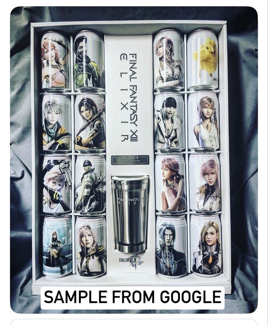 Final Fantasy XIII Elixir Premium Complete Box Set (Category: Figurines & Statues) located in Quezon City. Submitted by xrii0906 (Listing ID 1466062727, Image 3). Description: MISB Final Fantasy XIII Elixir Premium Complete Box Set (Full/Sealed Cans with Tumbler) unopened full cans .