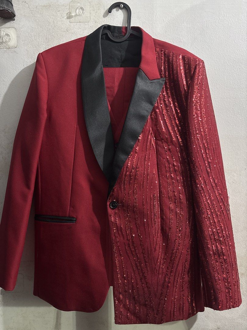 FOR RENT & SALE! Red Black Split Sequin Tuxedo Jacket (Category: Coats, Jackets and Outerwear) located in Makati City. Submitted by idol_station (Listing ID 1466107074, Image 1). Description: FOR RENT & FOR SALE FREESIZE MOP: GCASH MOD: Lalamove or pick up - Bold red and black split design with one solid side and one sequined side - Elegant black satin lapels and pocket trim - Classic single-button front closure - Includes a matching vest inside 