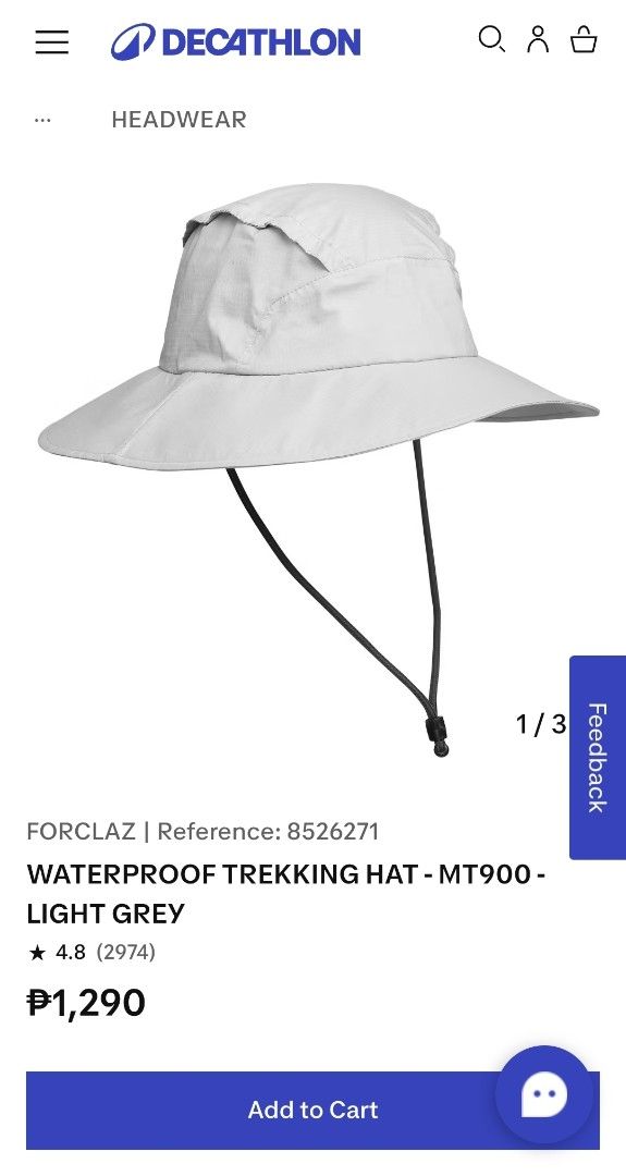 Forclaz MT900 Waterproof Trekking Hat Light Grey (Category: Caps & Hats) located in Pozorrubio. Submitted by aquidafinds (Listing ID 1466011403, Image 3). Description: - Brand: Forclaz MT900 Waterproof Trekking Hat - Color: Light Grey - Size: 58cm - Condition: Clean, tags attached inside - Features: Waterproof lightweight material for easy rain protection - Security: Adjustable drawcord chin strap to keep it secure in the wind.